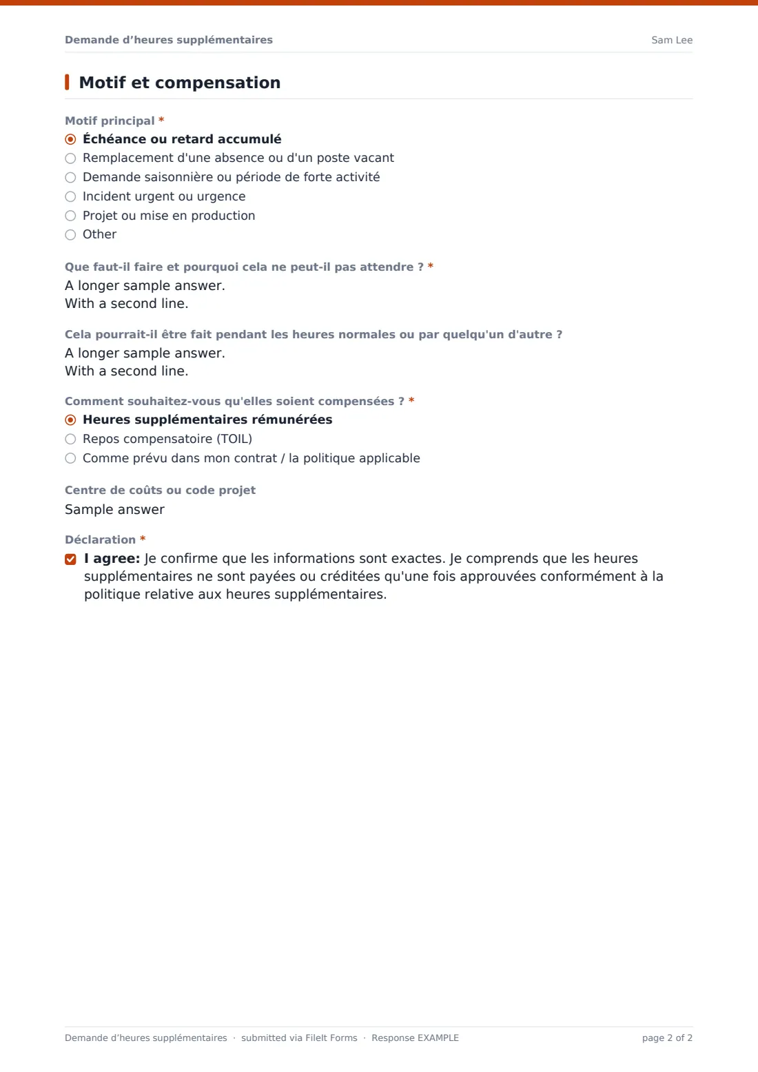 Demande d’heures supplémentaires — exemple de réponse au format PDF, page 2 sur 2