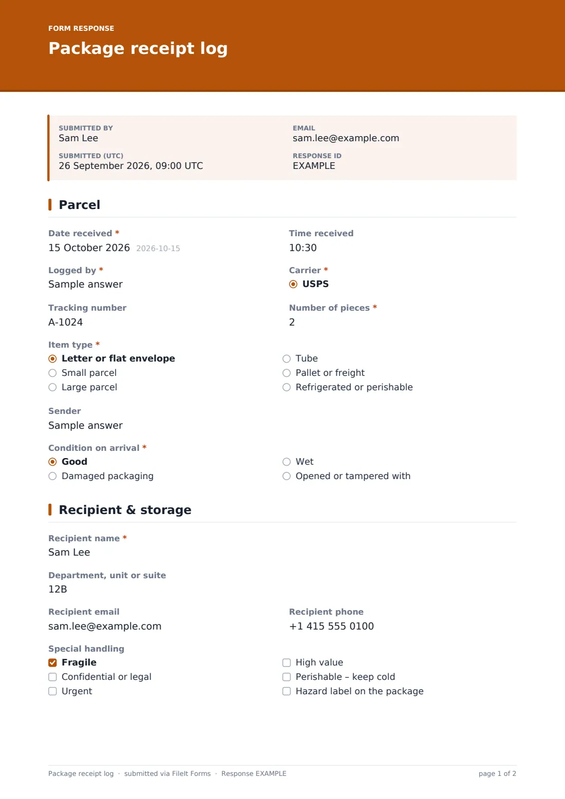 Package receipt log — example response PDF, page 1 of 2