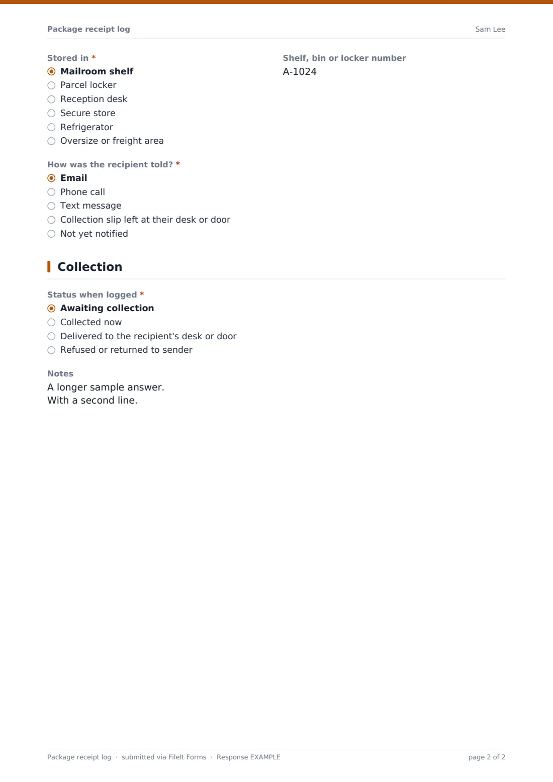 Package receipt log — example response PDF, page 2 of 2