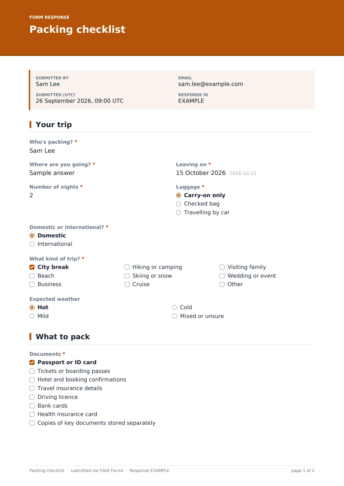 Packing checklist — example response PDF, page 1 of 2