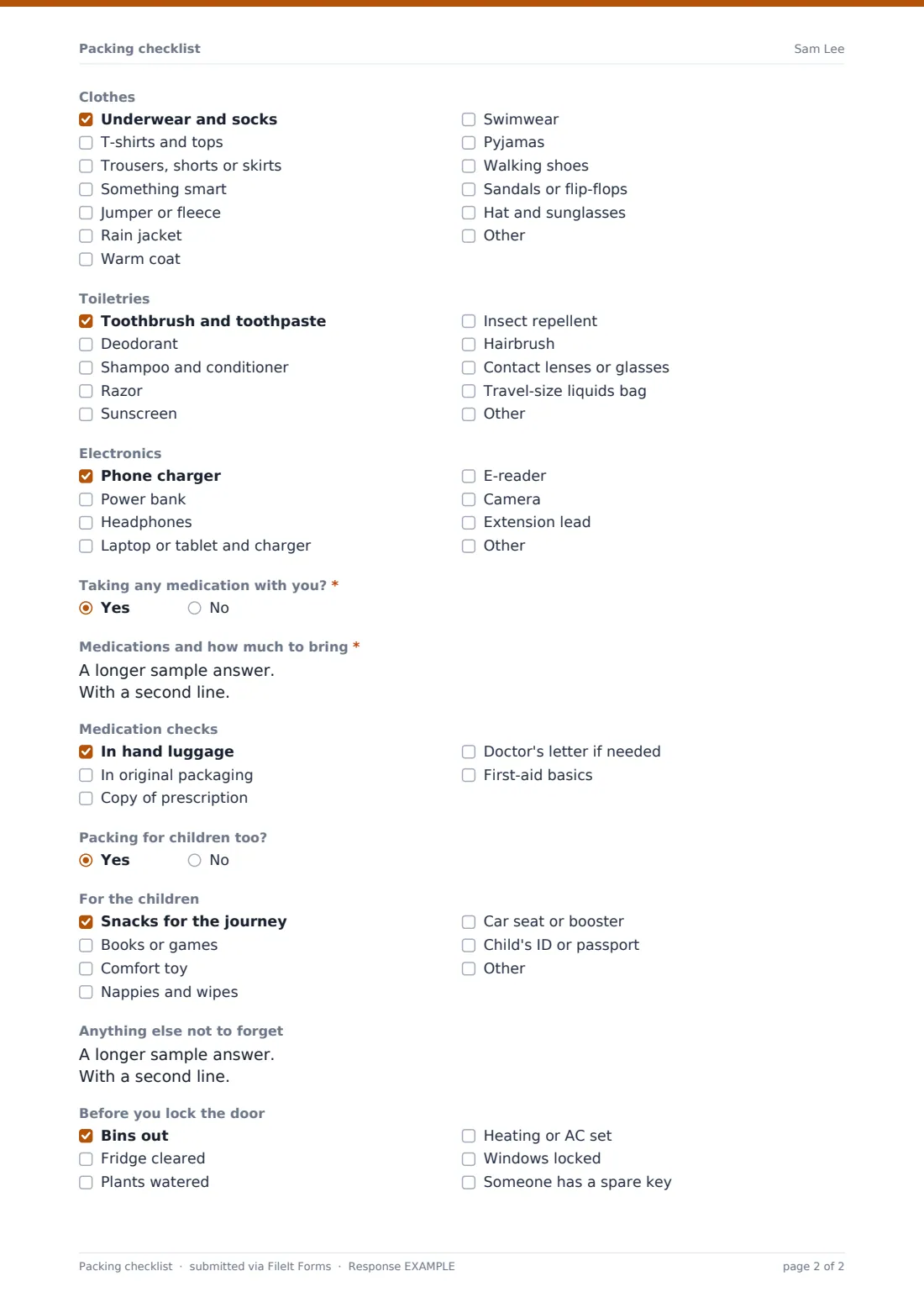 Packing checklist — example response PDF, page 2 of 2