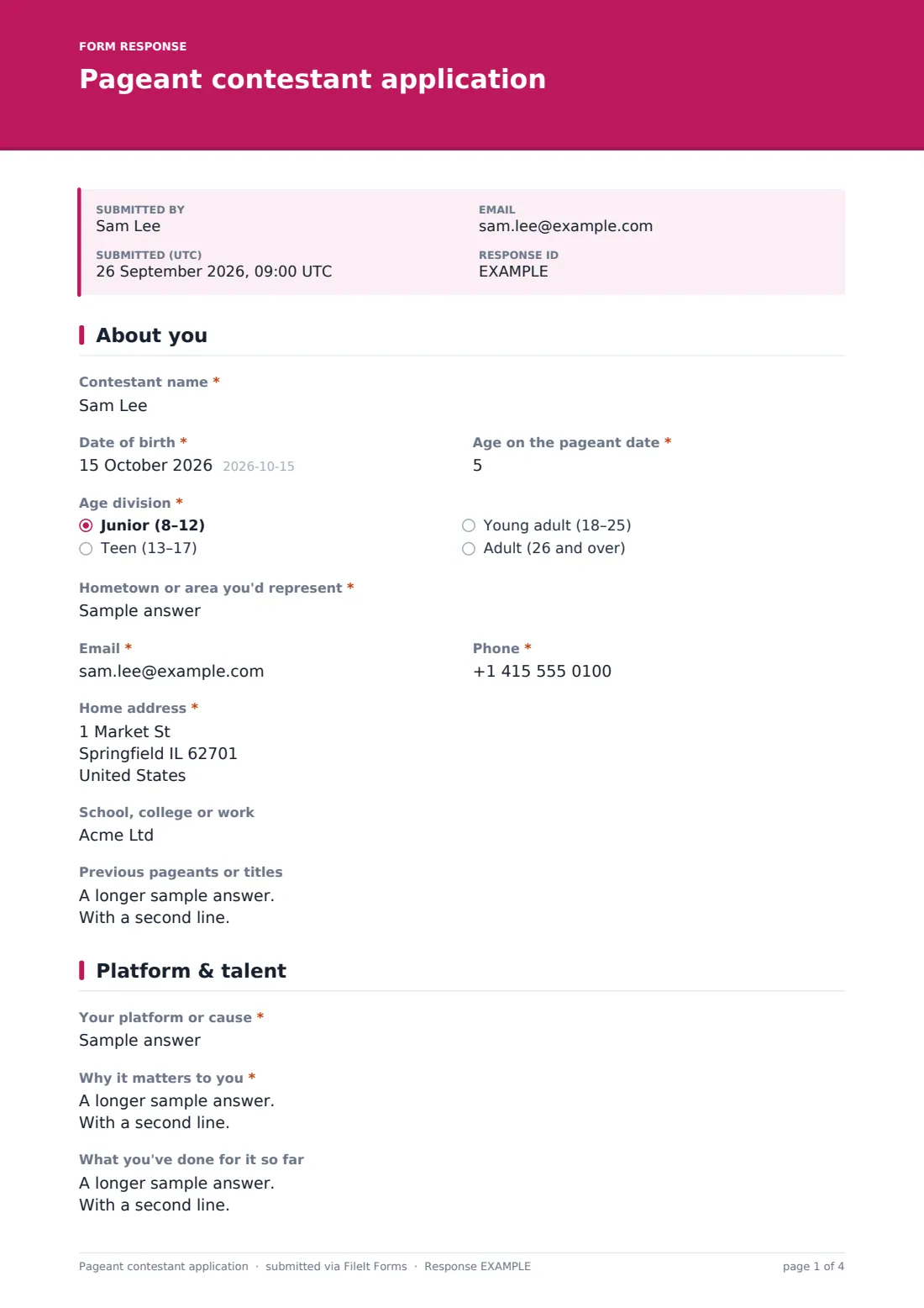 Pageant contestant application — example response PDF, page 1 of 4