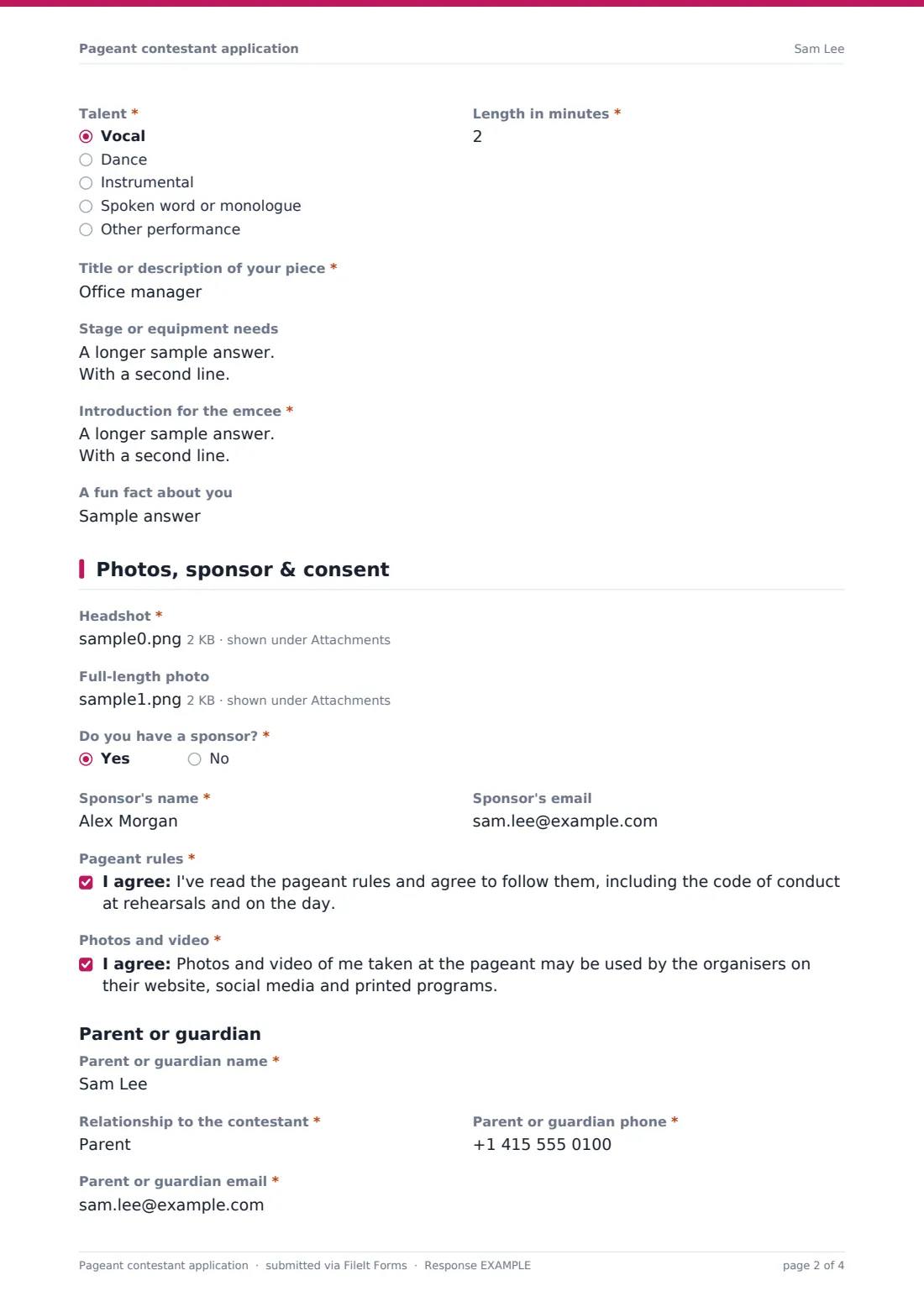 Pageant contestant application — example response PDF, page 2 of 4