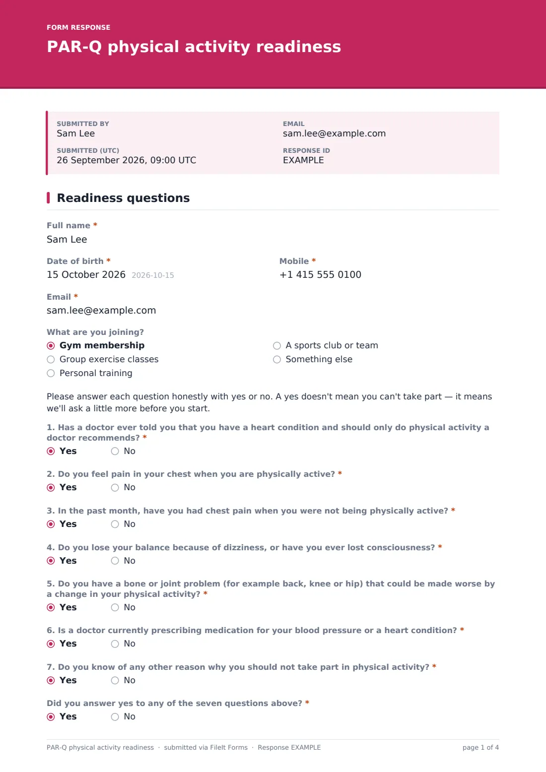PAR-Q physical activity readiness — example response PDF, page 1 of 4
