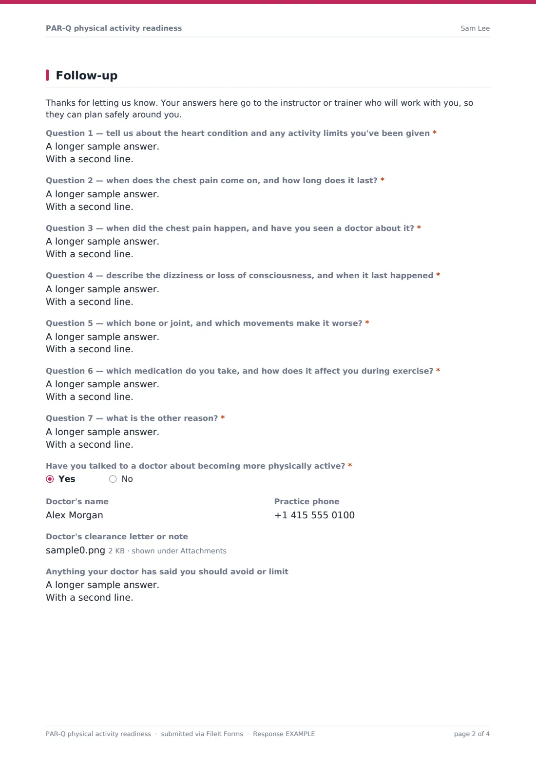 PAR-Q physical activity readiness — example response PDF, page 2 of 4