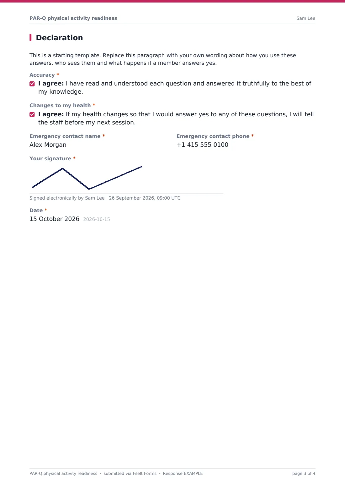 PAR-Q physical activity readiness — example response PDF, page 3 of 4