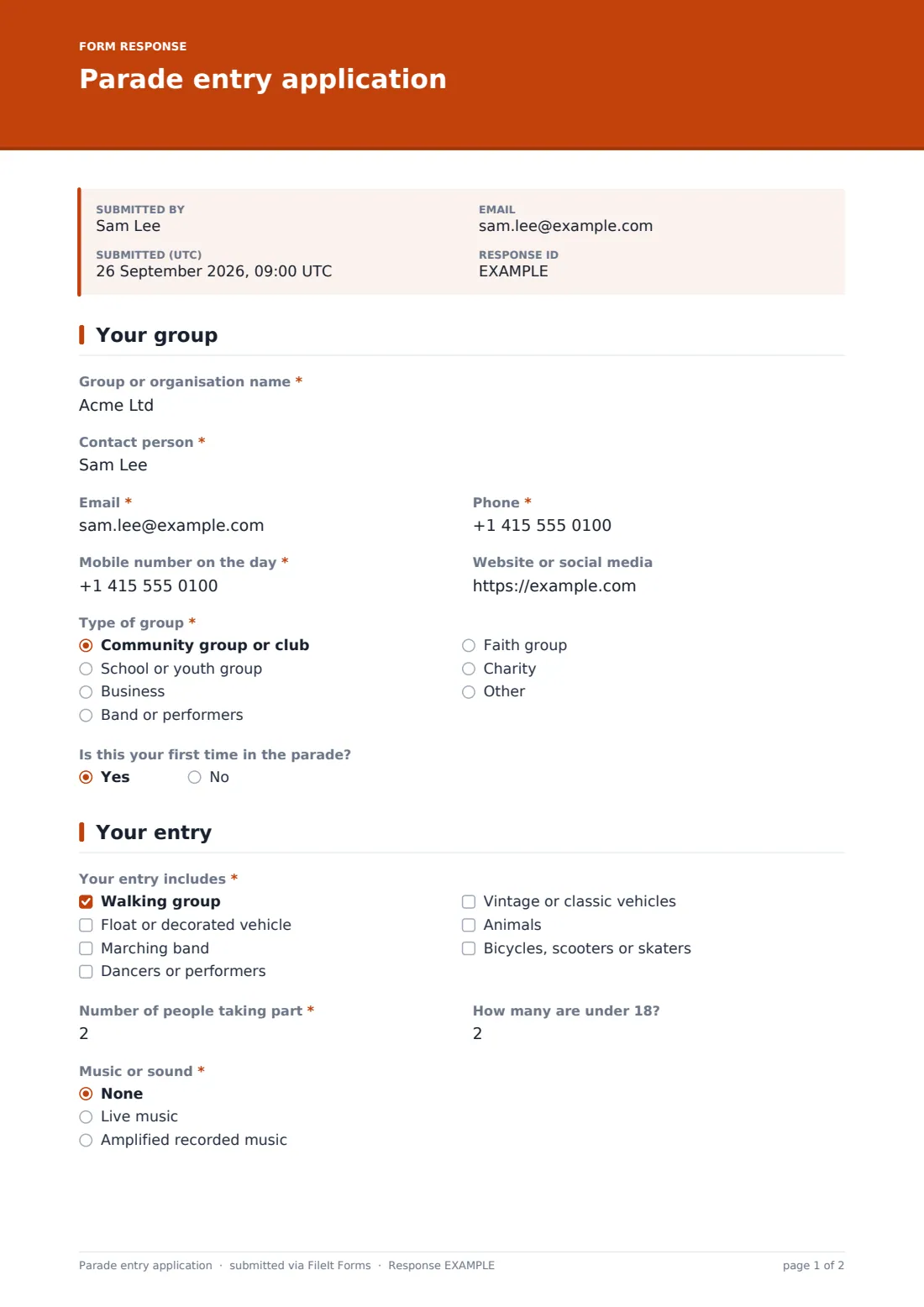 Parade entry application — example response PDF, page 1 of 2
