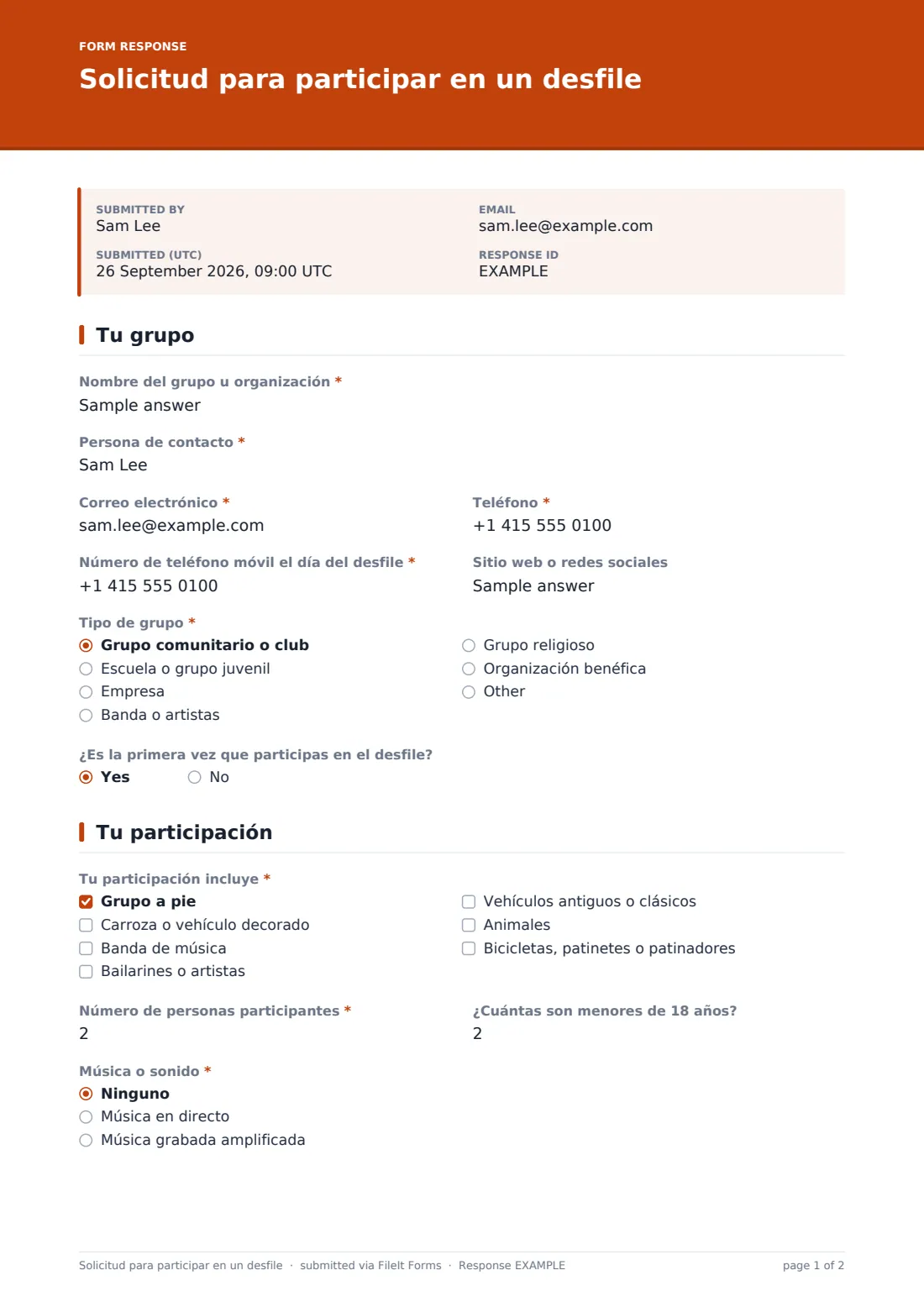 Solicitud para participar en un desfile — PDF de respuesta de ejemplo, página 1 de 2