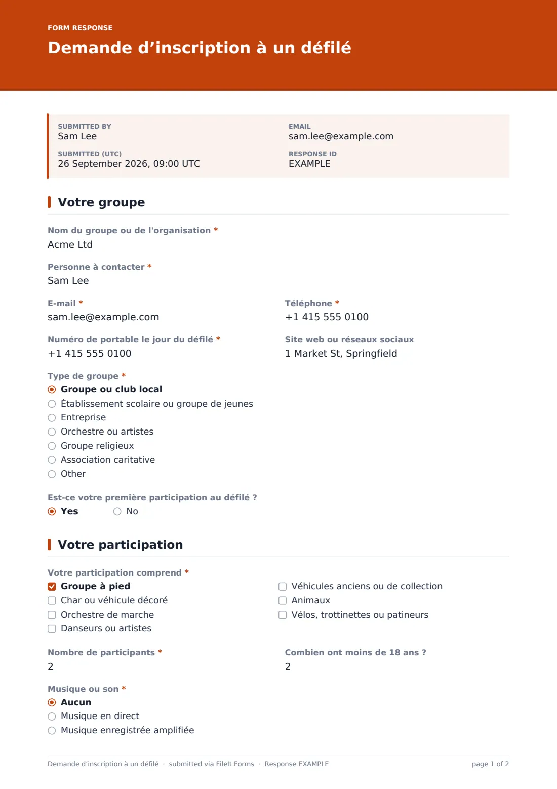 Demande d’inscription à un défilé — exemple de réponse au format PDF, page 1 sur 2
