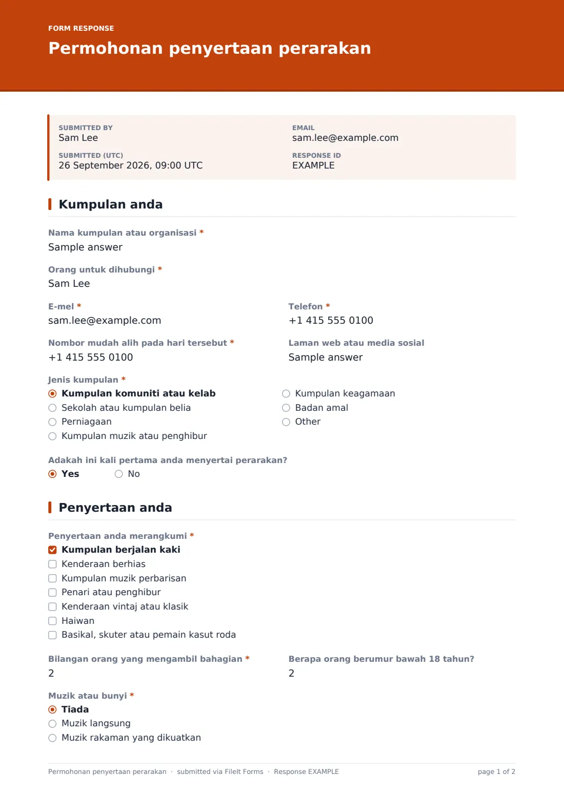 Permohonan penyertaan perarakan — PDF respons contoh, halaman 1 daripada 2