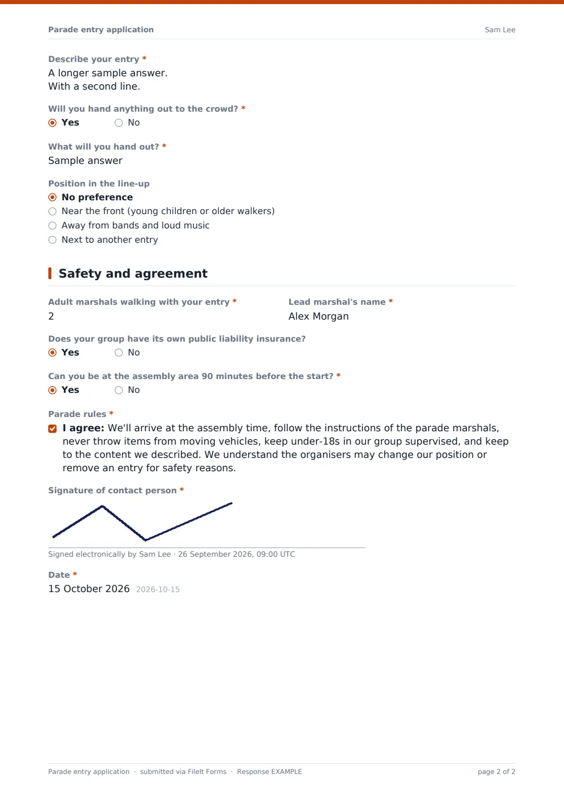 Parade entry application — example response PDF, page 2 of 2