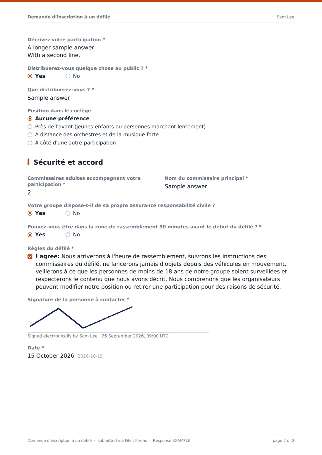 Demande d’inscription à un défilé — exemple de réponse au format PDF, page 2 sur 2