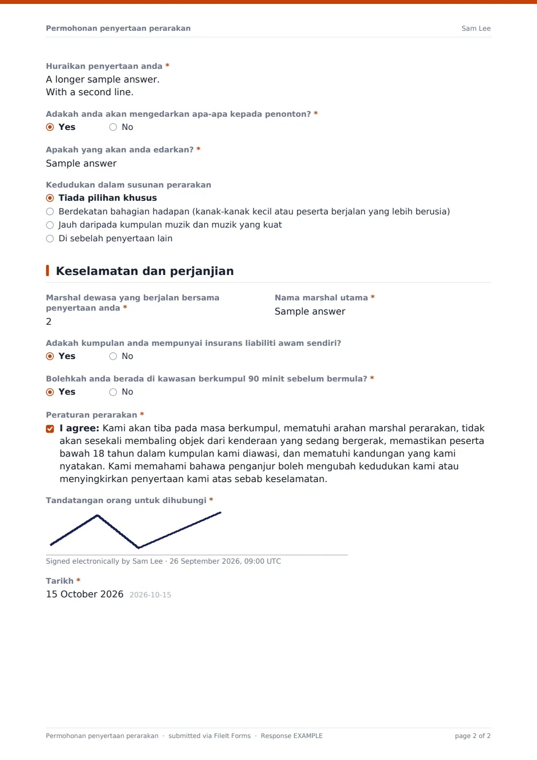 Permohonan penyertaan perarakan — PDF respons contoh, halaman 2 daripada 2