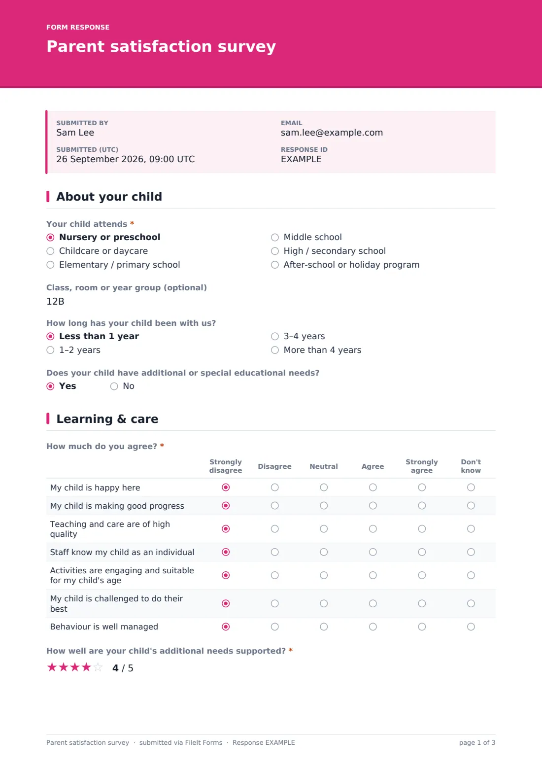 Parent satisfaction survey — example response PDF, page 1 of 3