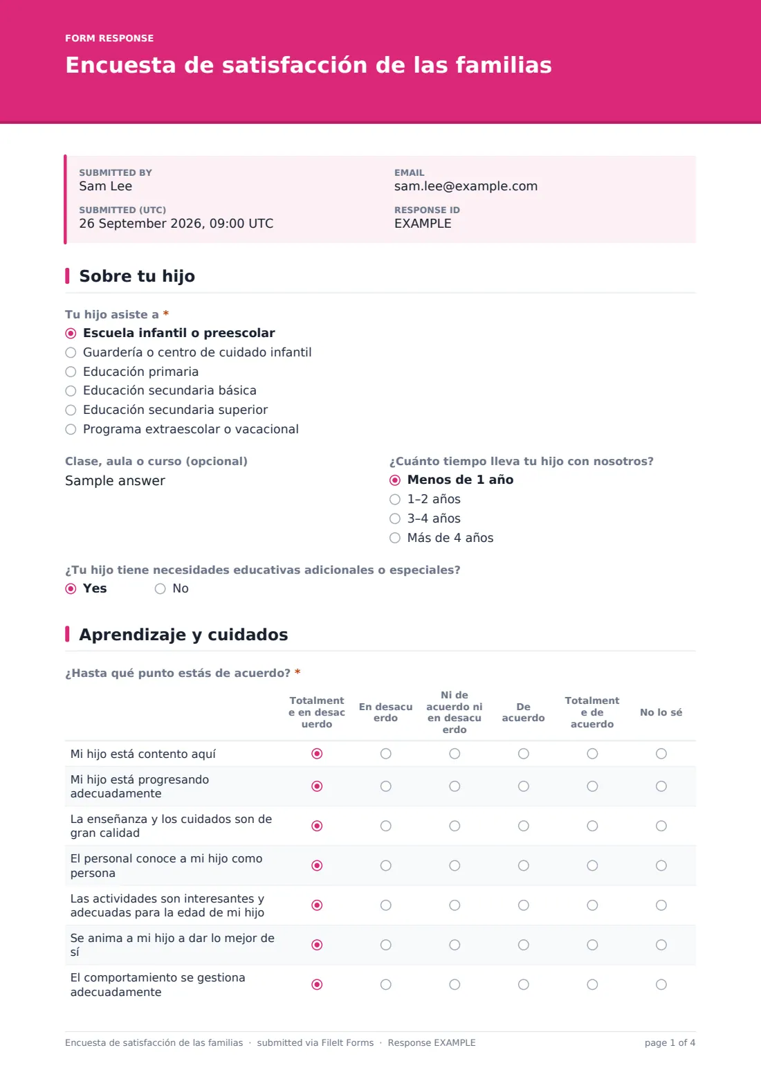 Encuesta de satisfacción de las familias — PDF de respuesta de ejemplo, página 1 de 4