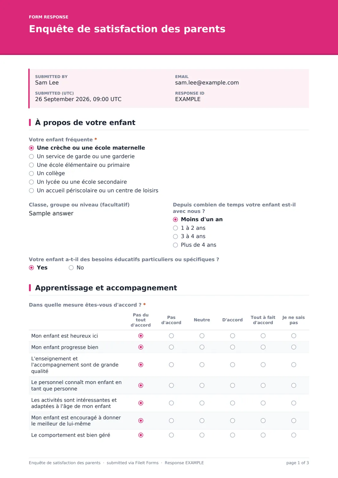Enquête de satisfaction des parents — exemple de réponse au format PDF, page 1 sur 3