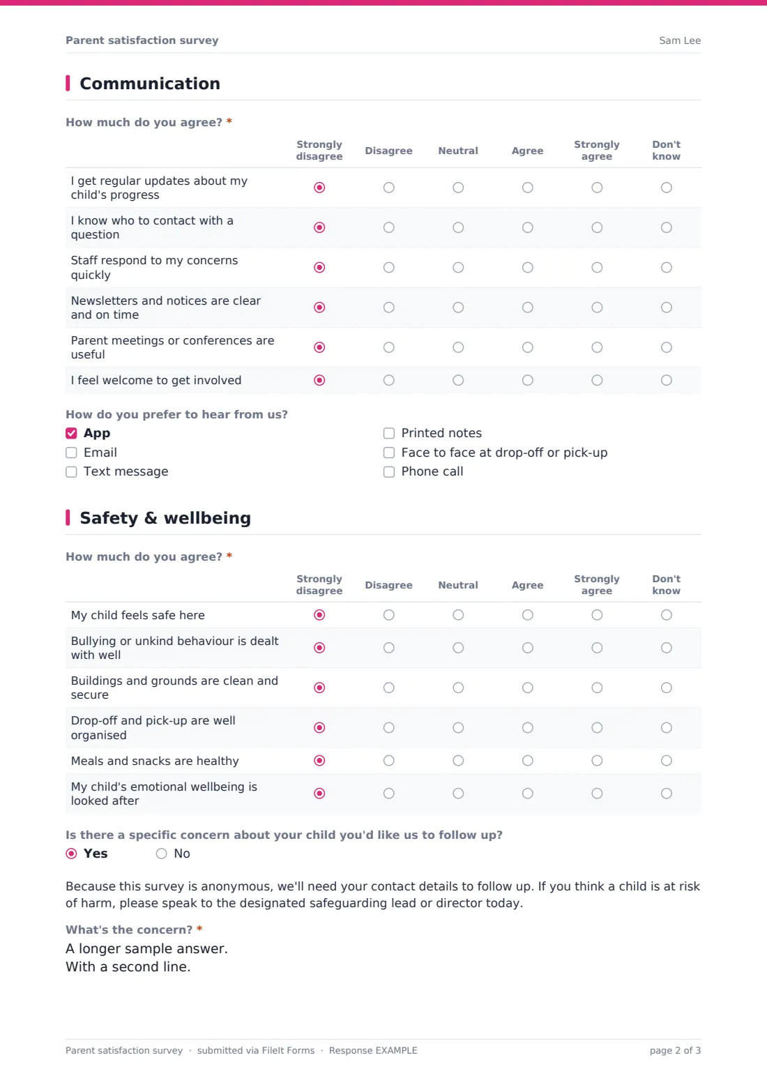 Parent satisfaction survey — example response PDF, page 2 of 3