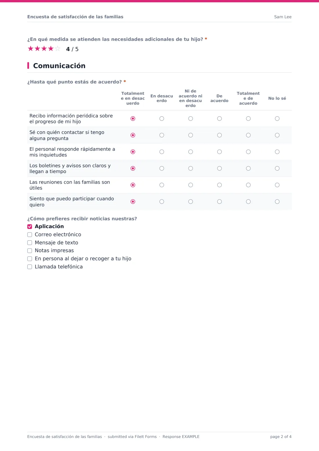 Encuesta de satisfacción de las familias — PDF de respuesta de ejemplo, página 2 de 4