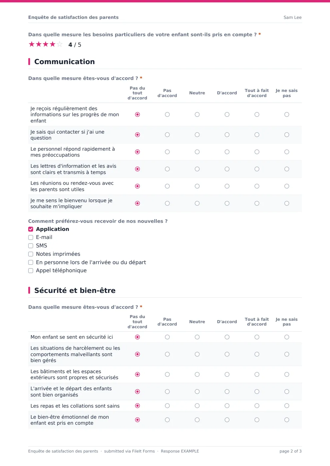 Enquête de satisfaction des parents — exemple de réponse au format PDF, page 2 sur 3