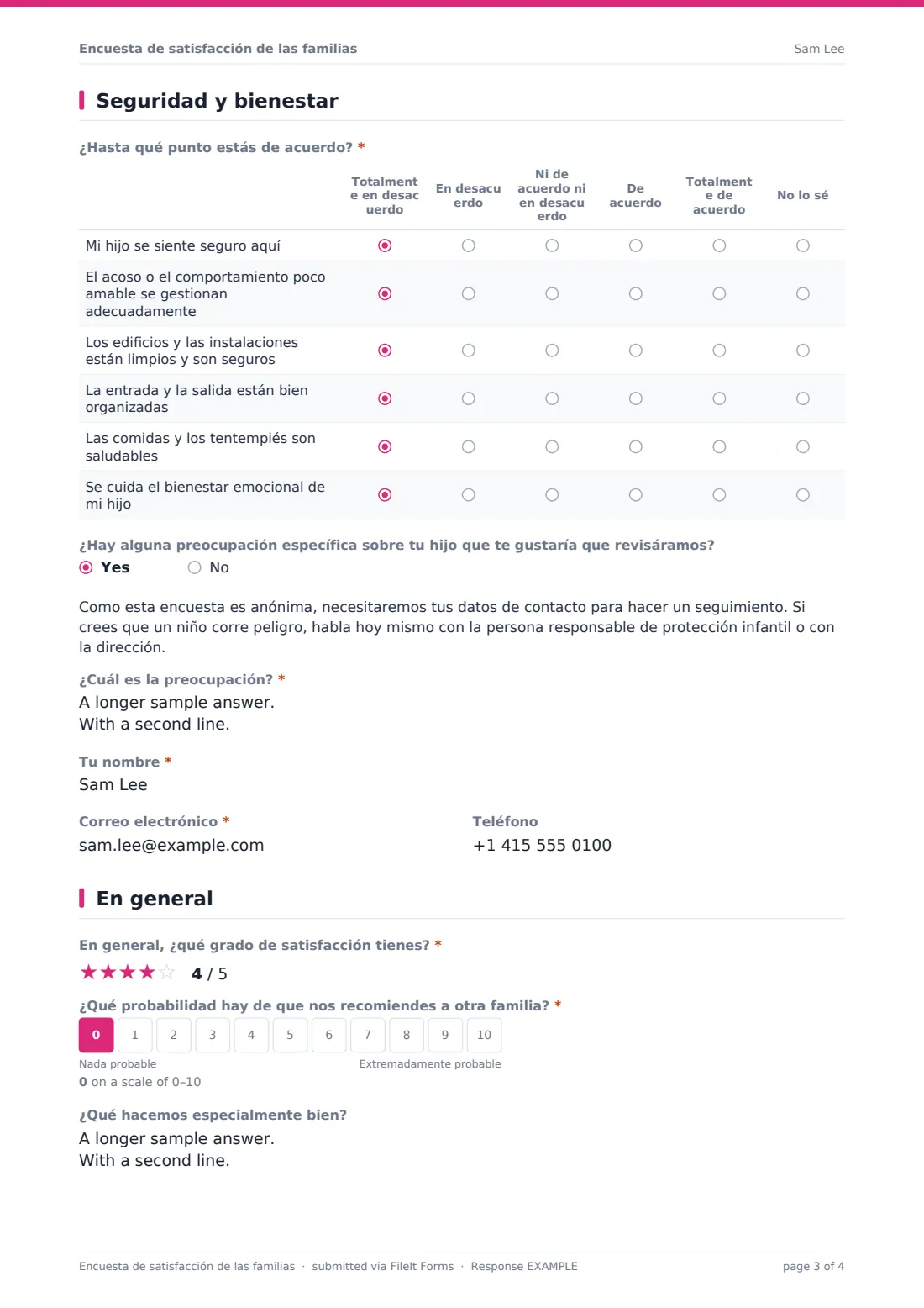Encuesta de satisfacción de las familias — PDF de respuesta de ejemplo, página 3 de 4