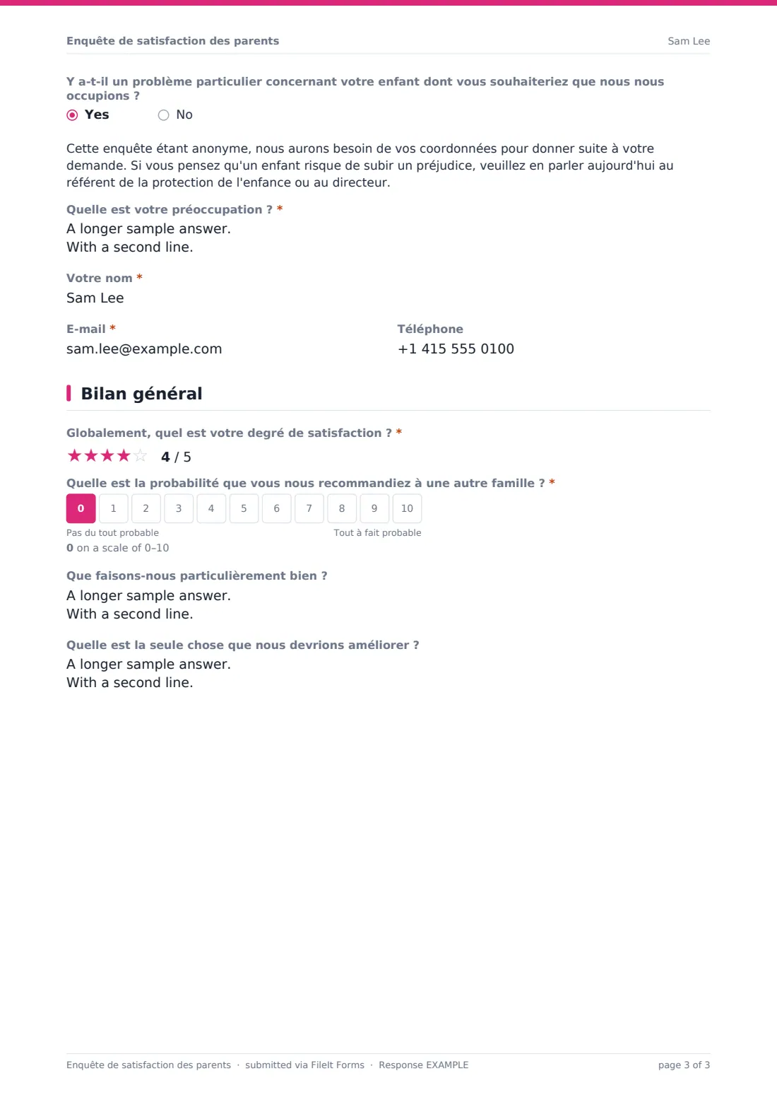 Enquête de satisfaction des parents — exemple de réponse au format PDF, page 3 sur 3