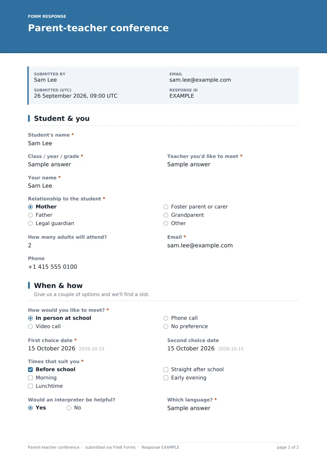 Parent-teacher conference — example response PDF, page 1 of 2