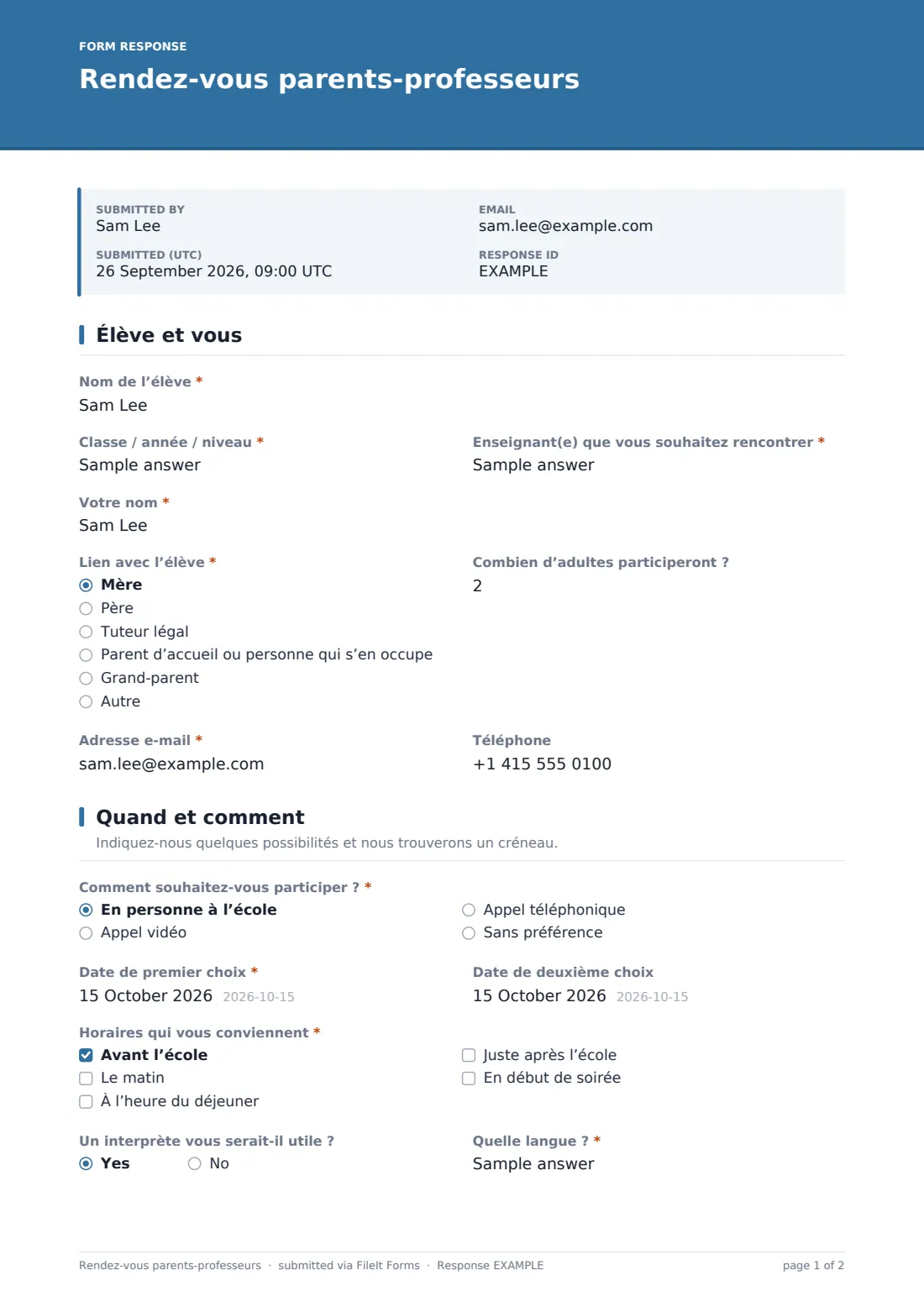 Rendez-vous parents-professeurs — exemple de réponse au format PDF, page 1 sur 2