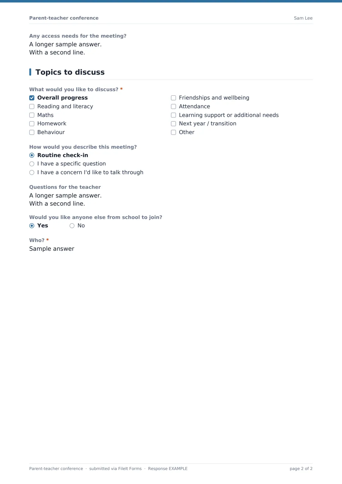 Parent-teacher conference — example response PDF, page 2 of 2