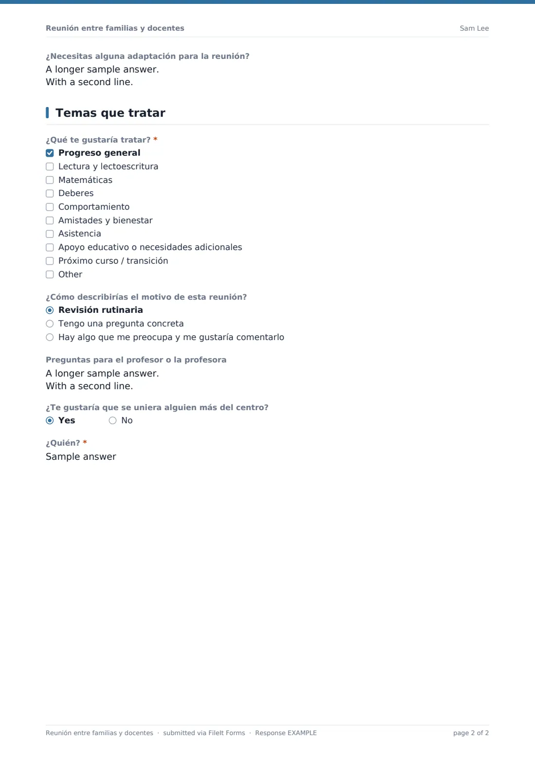 Reunión entre familias y docentes — PDF de respuesta de ejemplo, página 2 de 2