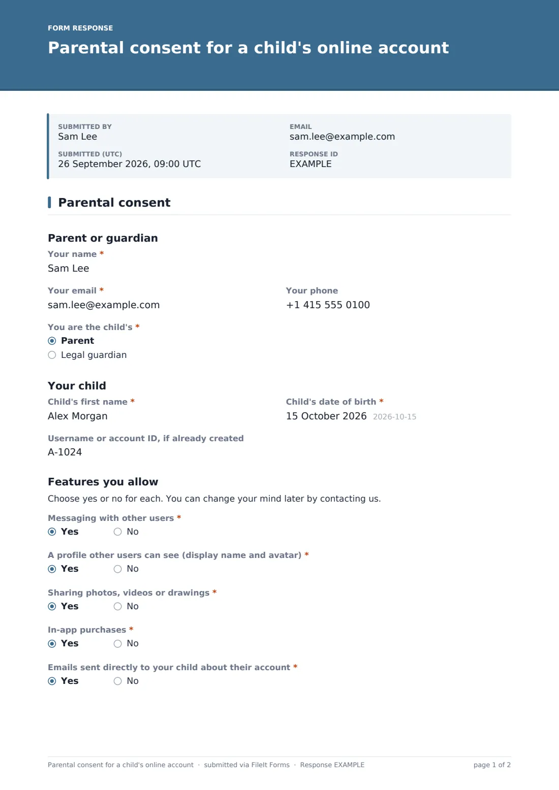 Parental consent for a child's online account — example response PDF, page 1 of 2