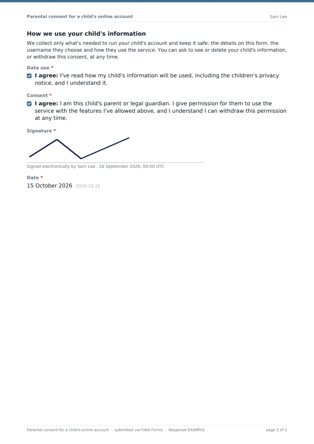 Parental consent for a child's online account — example response PDF, page 2 of 2