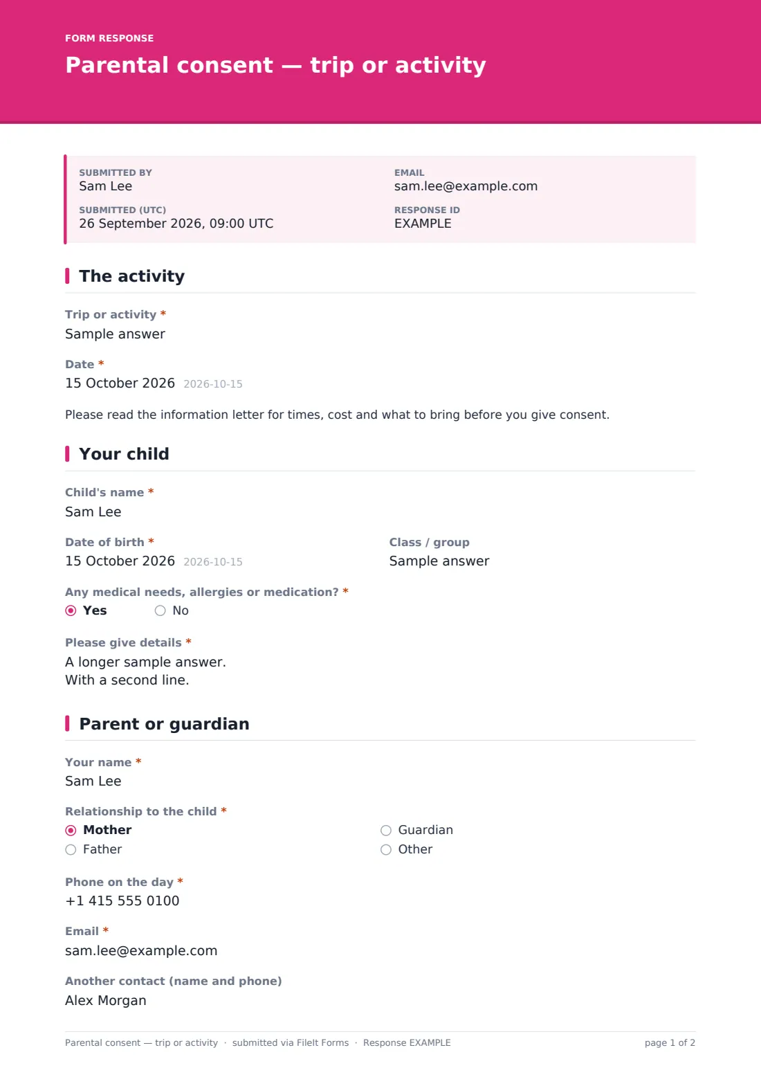 Parental consent — trip or activity — example response PDF, page 1 of 2