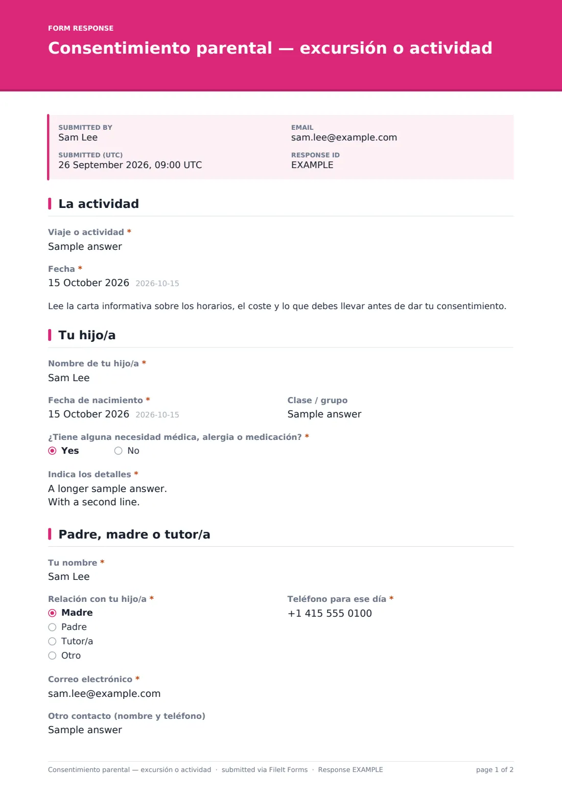 Consentimiento parental — excursión o actividad — PDF de respuesta de ejemplo, página 1 de 2