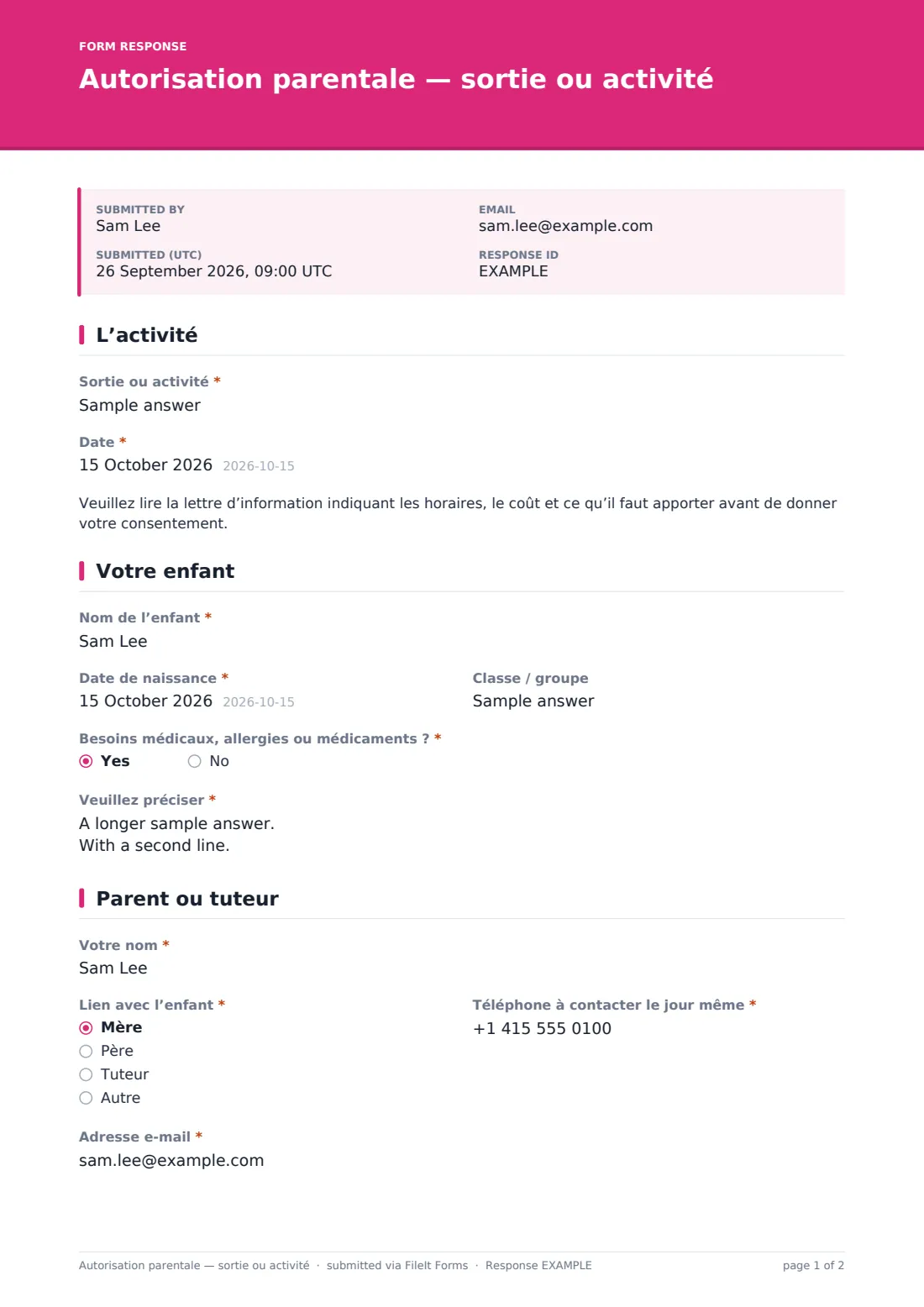 Autorisation parentale — sortie ou activité — exemple de réponse au format PDF, page 1 sur 2