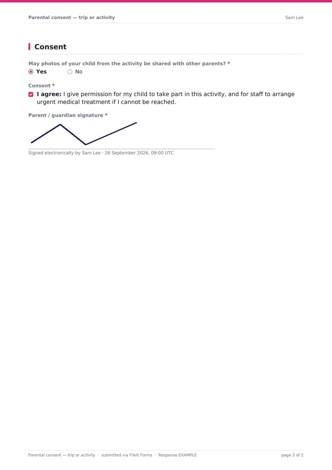 Parental consent — trip or activity — example response PDF, page 2 of 2