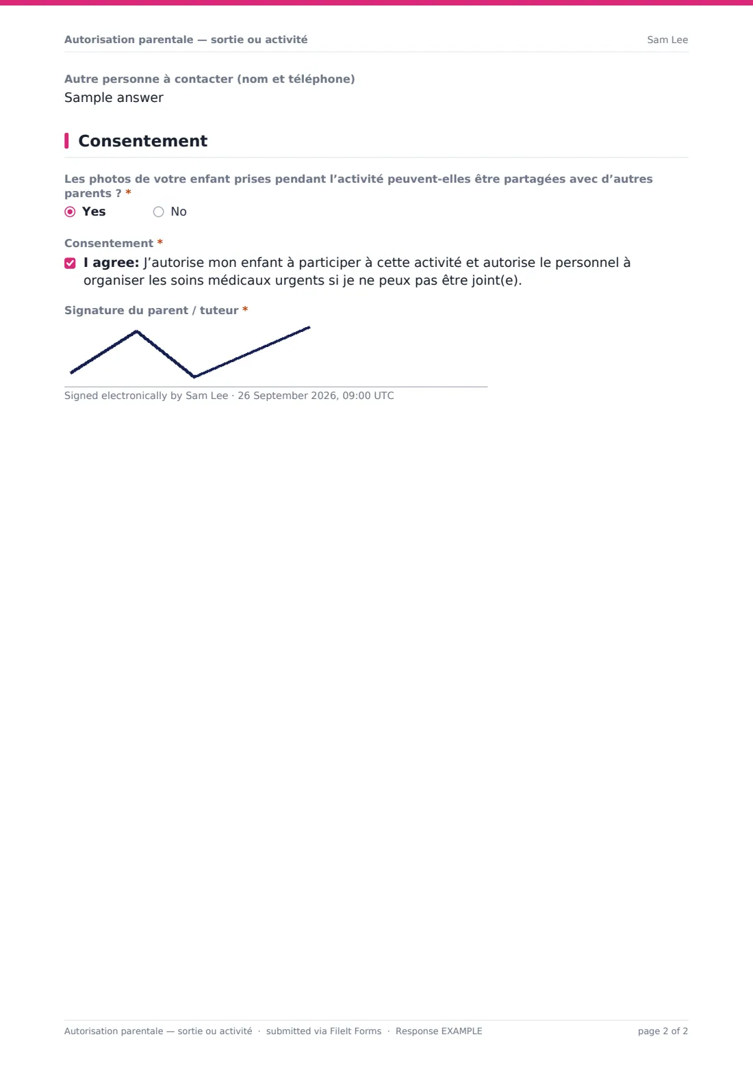 Autorisation parentale — sortie ou activité — exemple de réponse au format PDF, page 2 sur 2