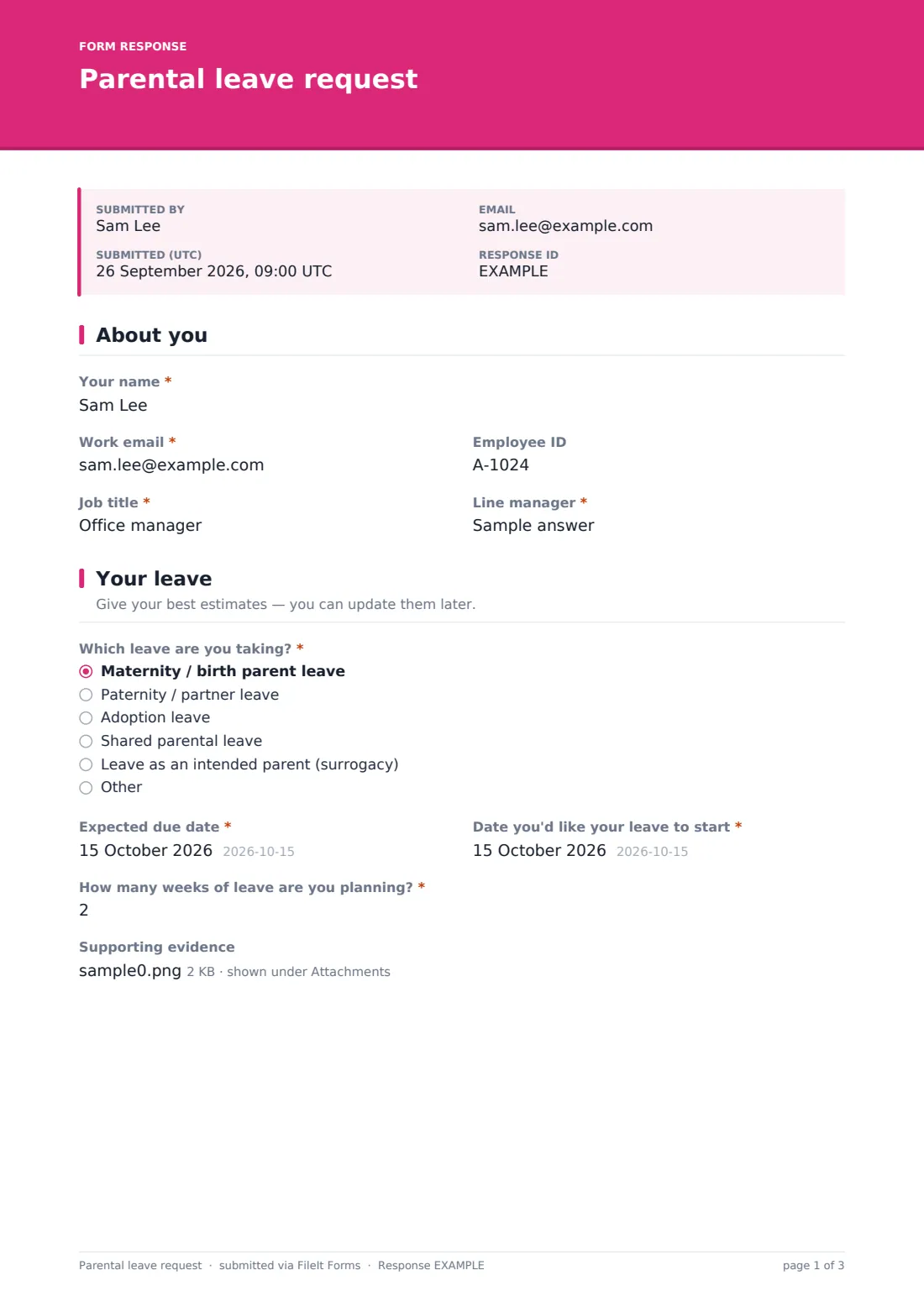 Parental leave request — example response PDF, page 1 of 3