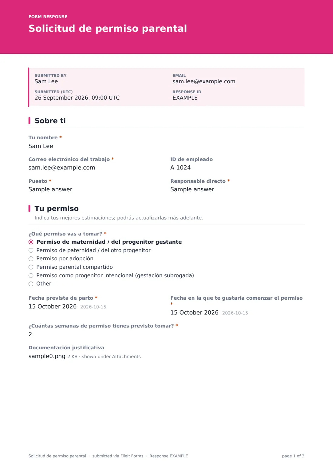 Solicitud de permiso parental — PDF de respuesta de ejemplo, página 1 de 3