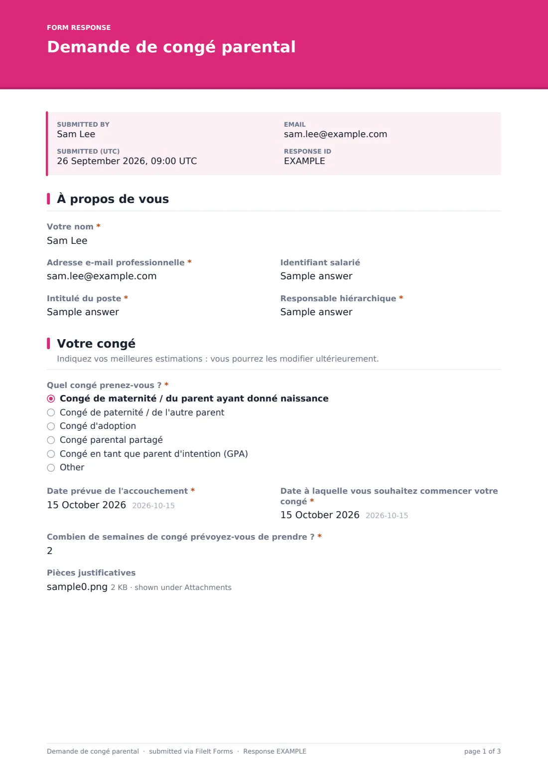 Demande de congé parental — exemple de réponse au format PDF, page 1 sur 3