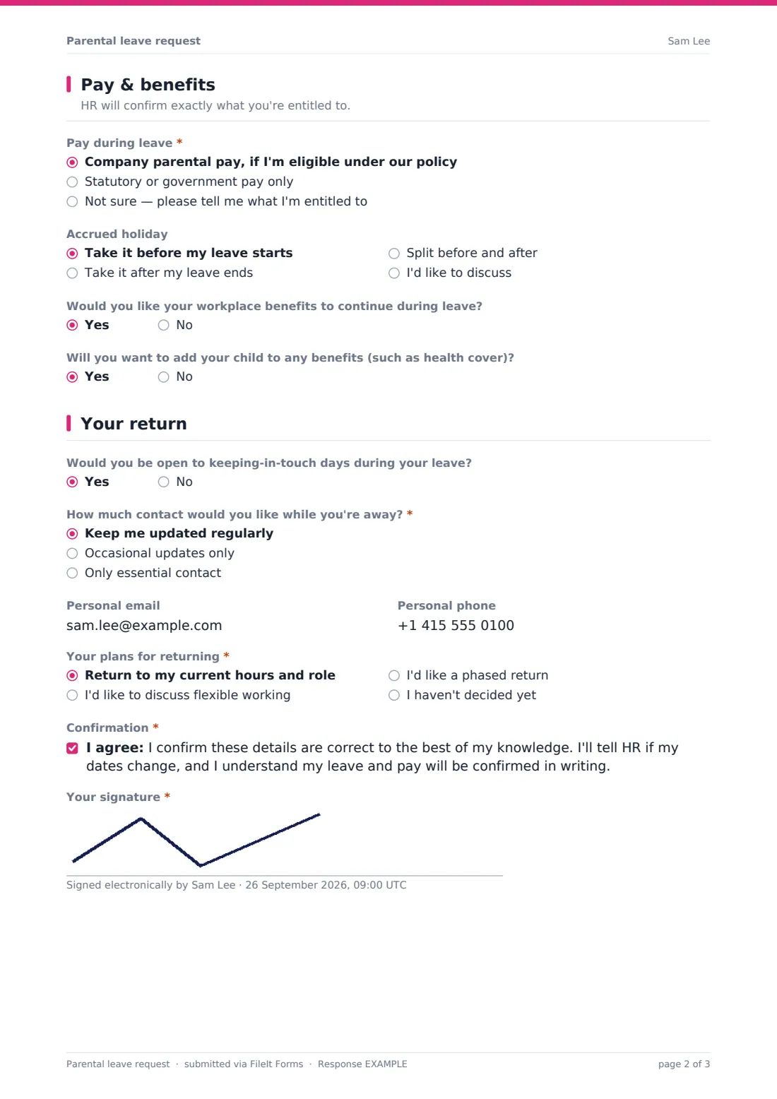 Parental leave request — example response PDF, page 2 of 3