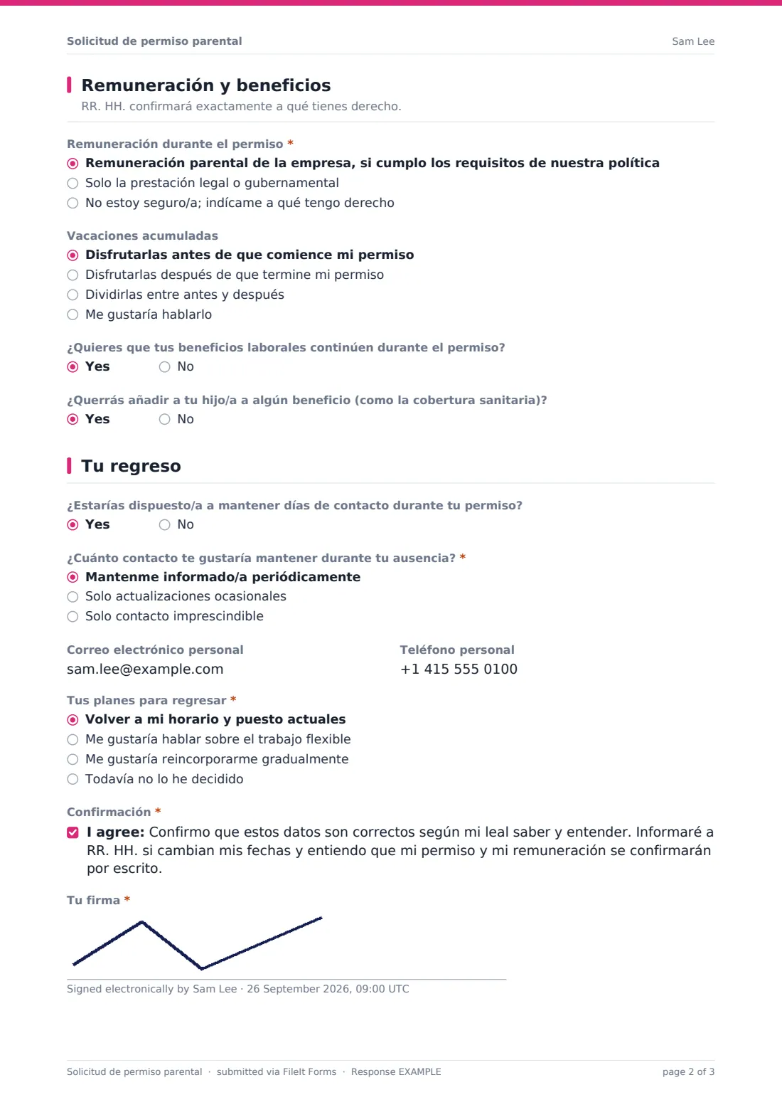 Solicitud de permiso parental — PDF de respuesta de ejemplo, página 2 de 3