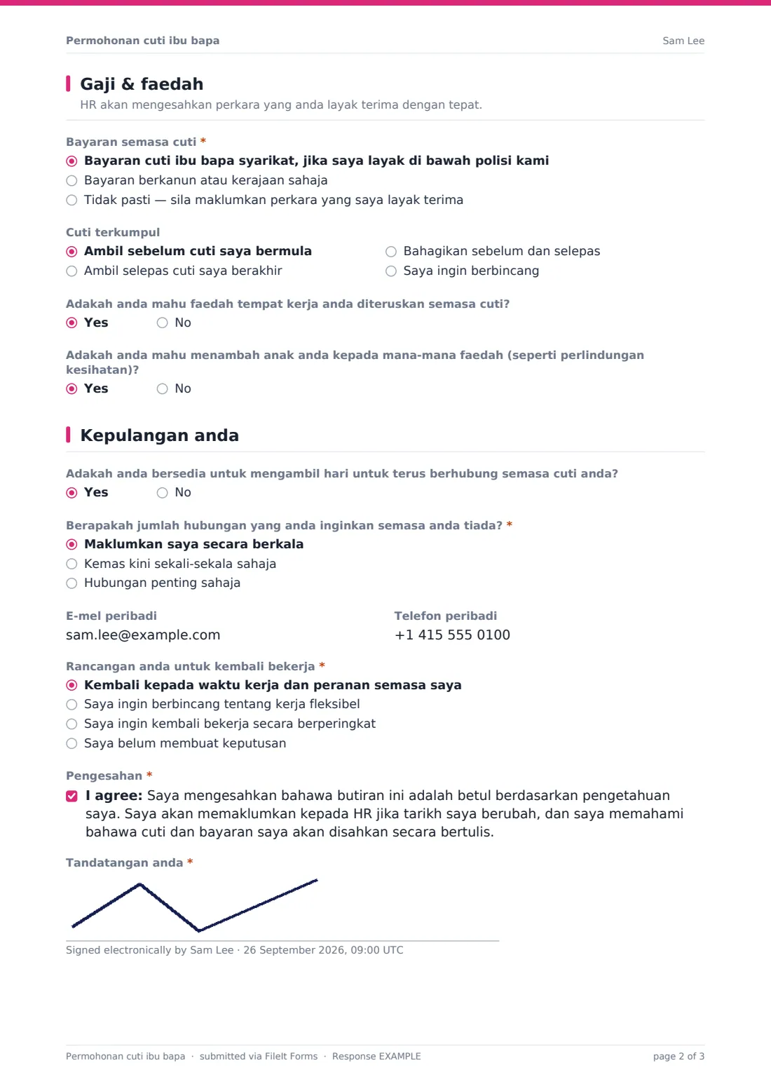 Permohonan cuti ibu bapa — PDF respons contoh, halaman 2 daripada 3