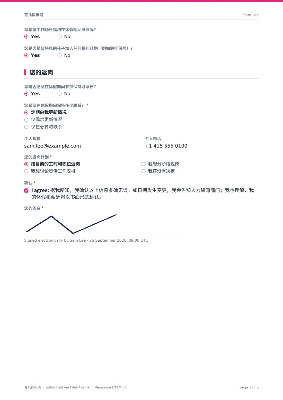 育儿假申请 — 示例回复 PDF，第 2 页，共 3 页