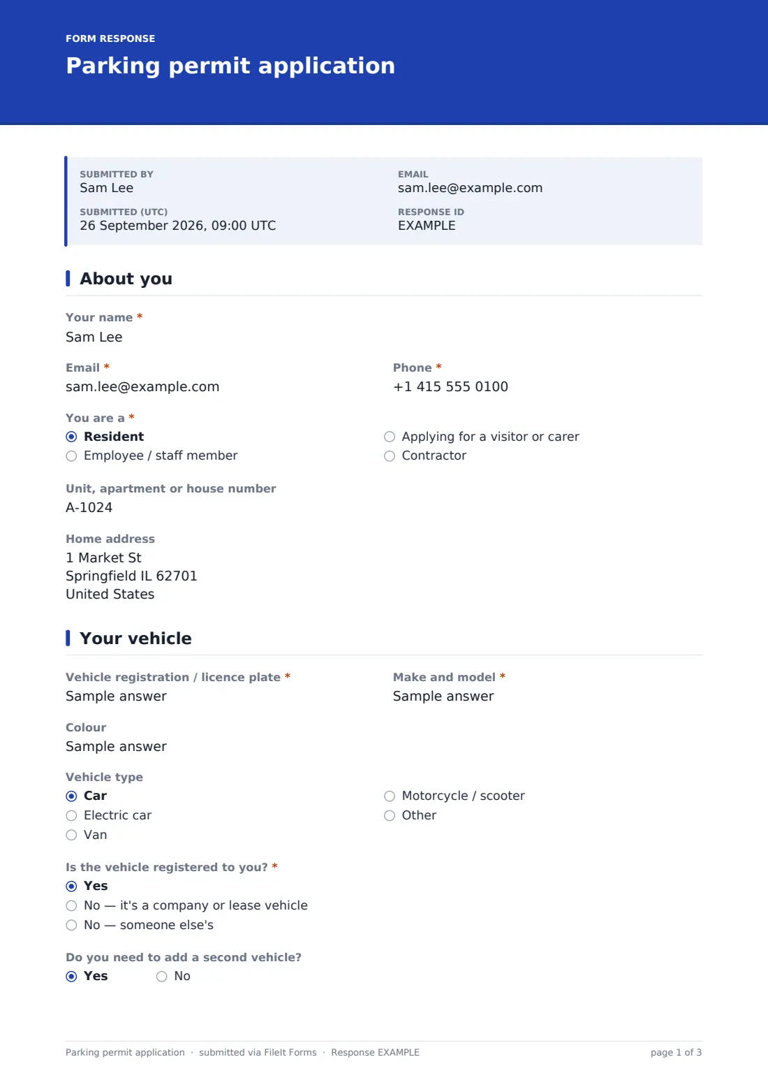 Parking permit application — example response PDF, page 1 of 3