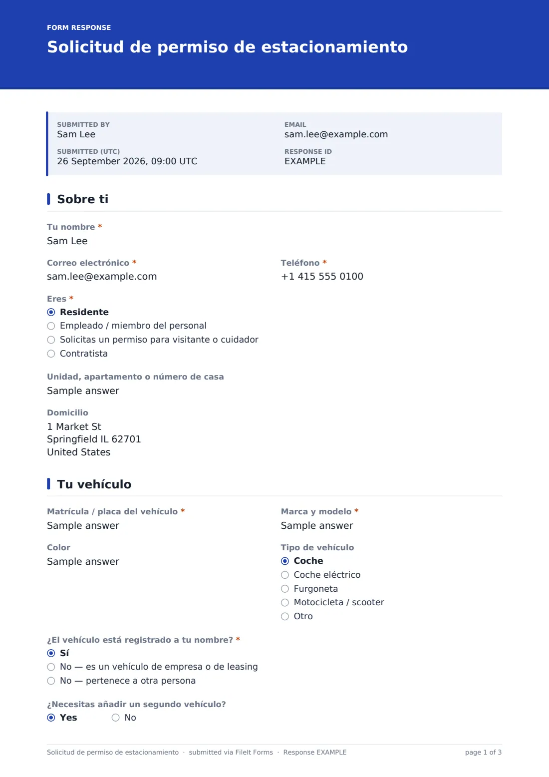 Solicitud de permiso de estacionamiento — PDF de respuesta de ejemplo, página 1 de 3