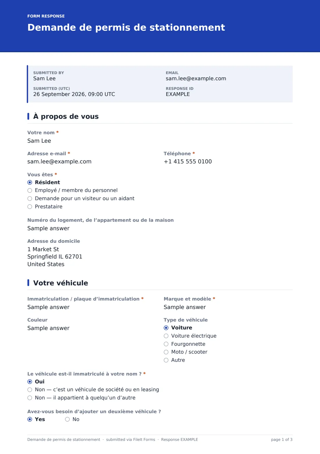 Demande de permis de stationnement — exemple de réponse au format PDF, page 1 sur 3