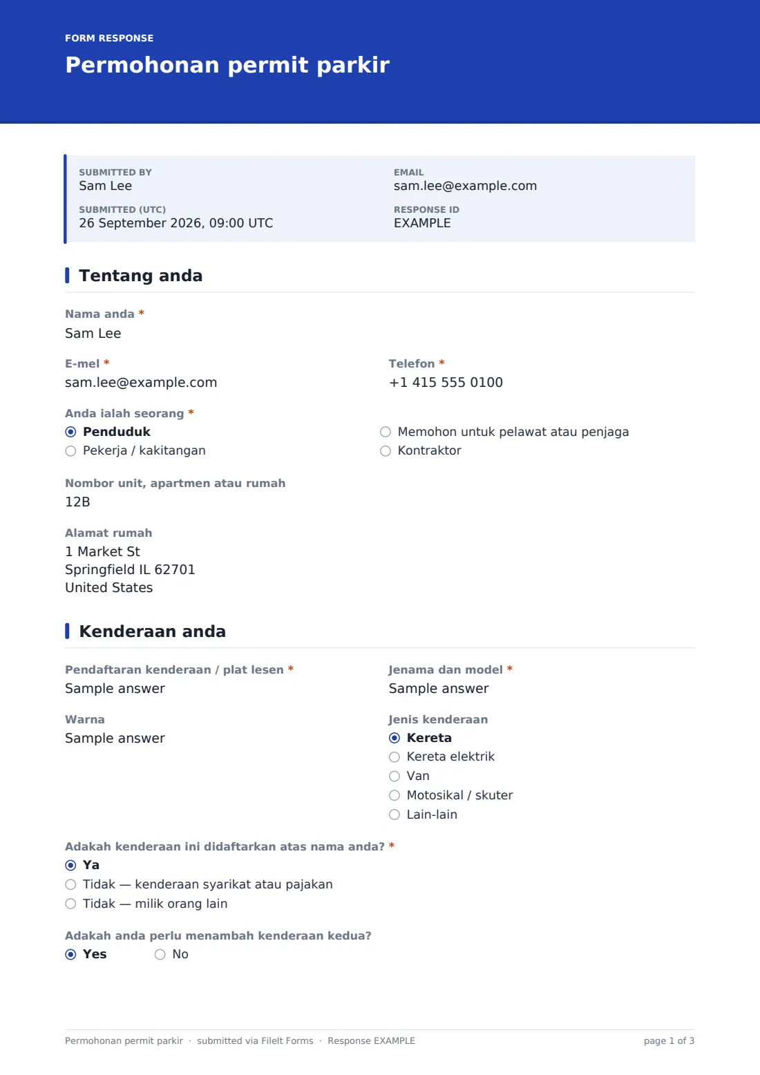 Permohonan permit parkir — PDF respons contoh, halaman 1 daripada 3