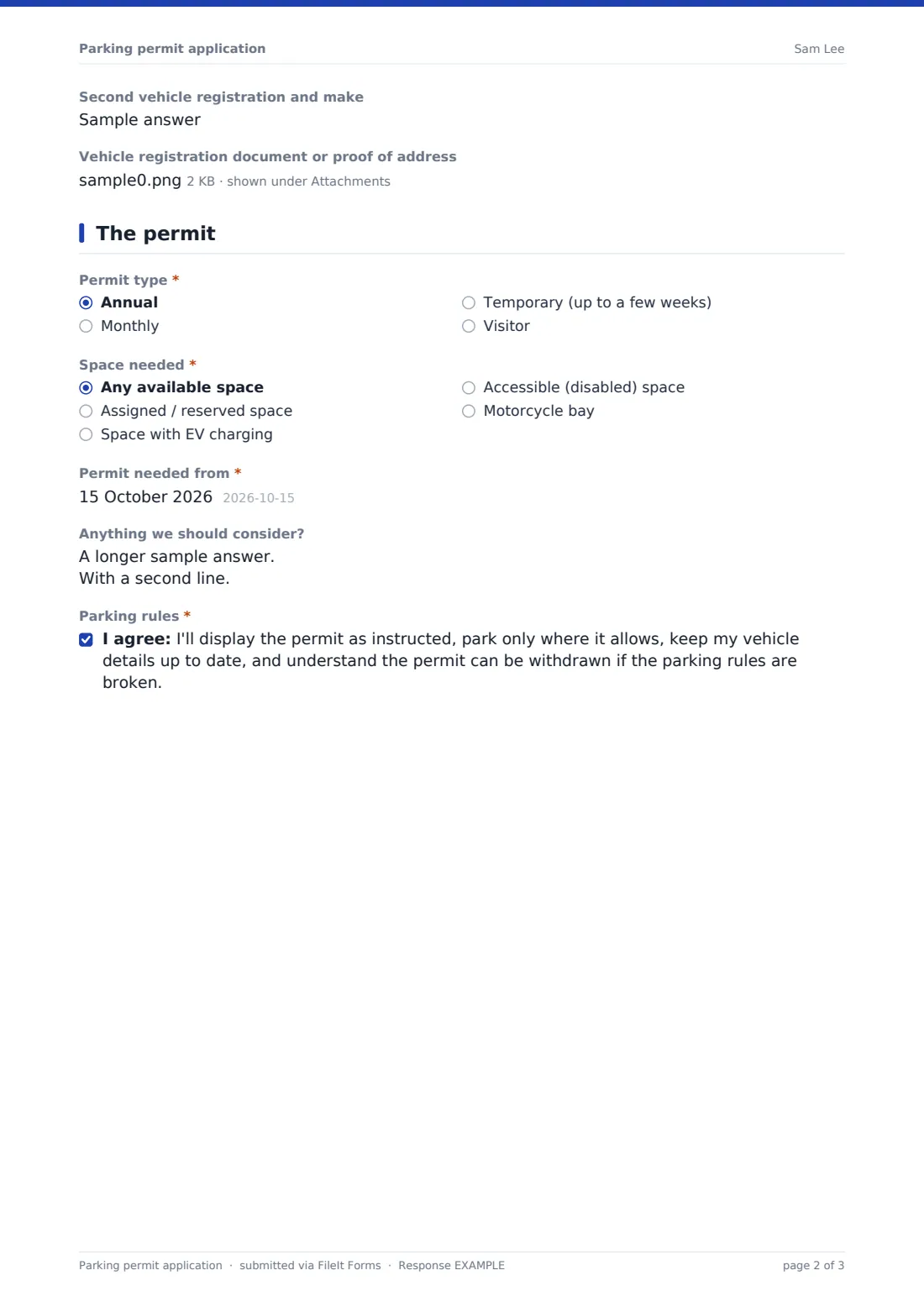 Parking permit application — example response PDF, page 2 of 3
