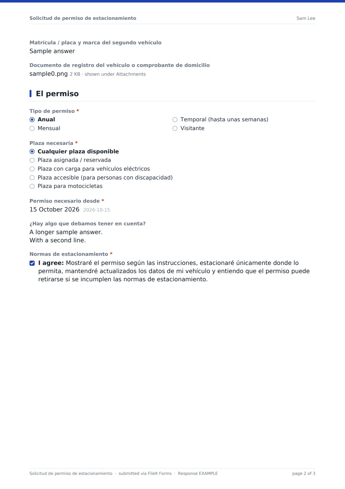 Solicitud de permiso de estacionamiento — PDF de respuesta de ejemplo, página 2 de 3