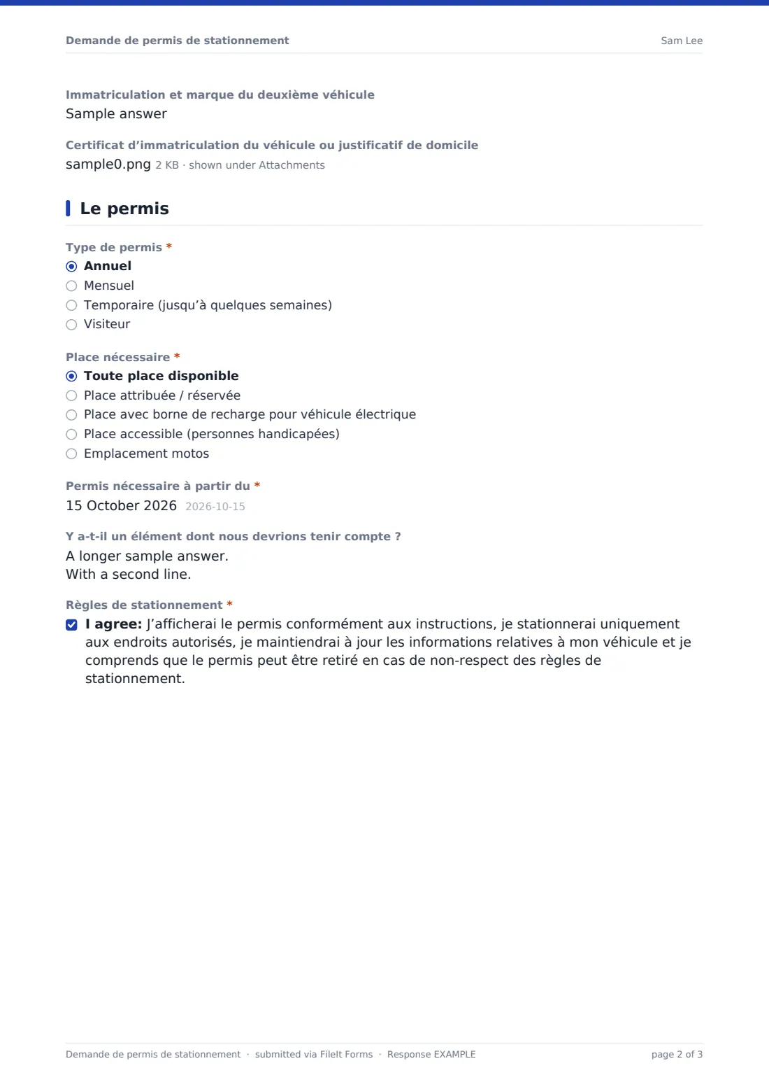 Demande de permis de stationnement — exemple de réponse au format PDF, page 2 sur 3